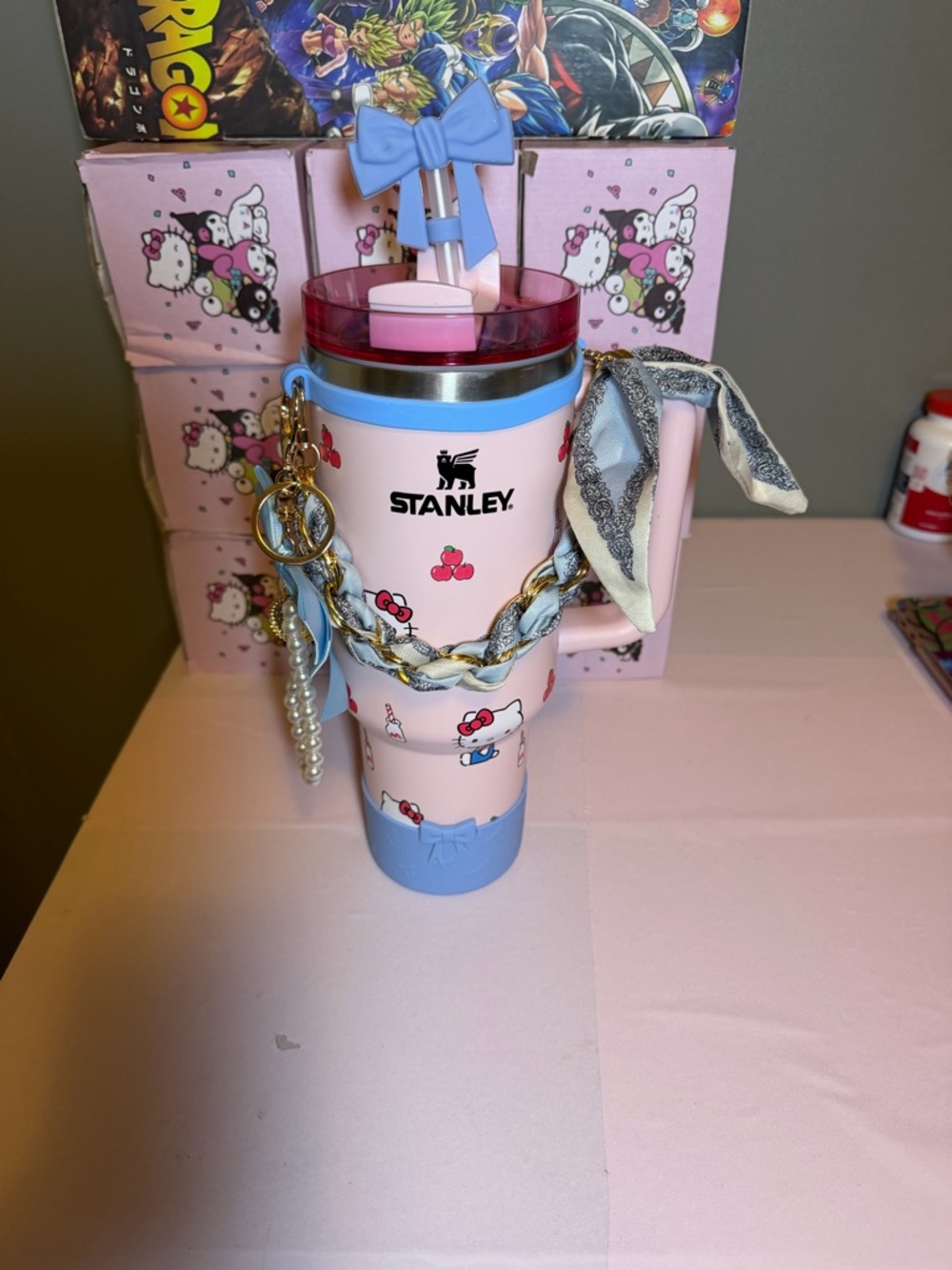 Stanley Pink Hello Kitty  Tumbler with Blue Trim and Charm